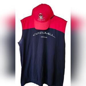 XXL Cozumelmen's tank top & hat combo, red, white, & blue colors, small stain